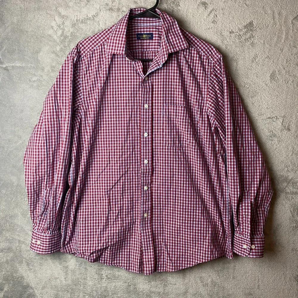 Club Room Mens 16 34/35 Regular Fit Red Plaid Dress Shirt